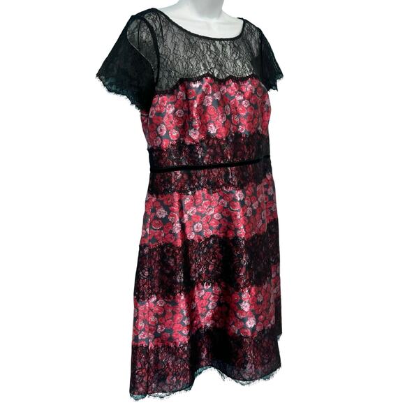 Kay Unger New York Black Pink Cap Sleeve Floral Lace Accent Mini Dress size L - Picture 5 of 10